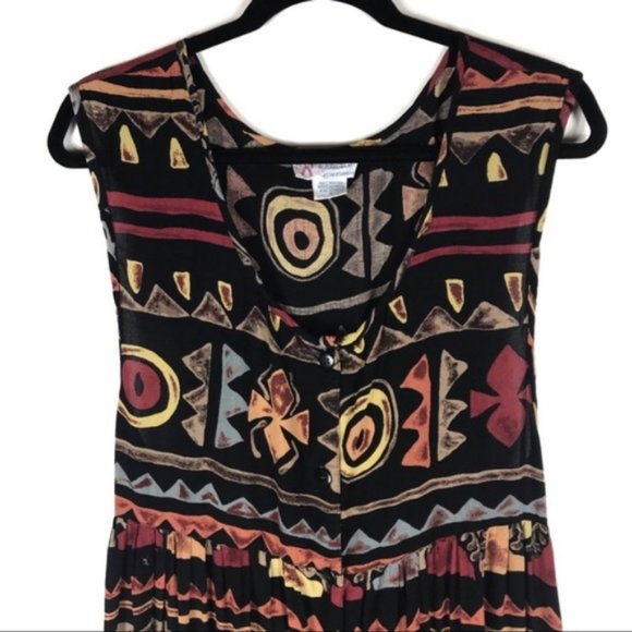 Vintage 90’s Black Aztec Tribal Print Babydoll Maxi D… - Picture 3 of 7
